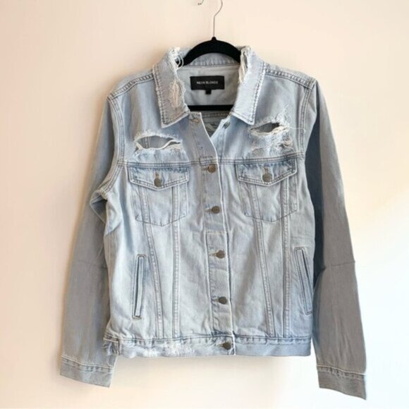 Women’s Denim Jean Jacket Distressed Light blue wash Oversized Size XSmall NWT - Picture 3 of 16